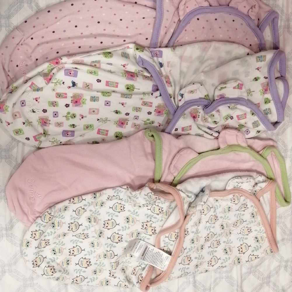 4 girl infant baby swaddles sleep sacs (1 swaddle me 3 summer) with carseat slit